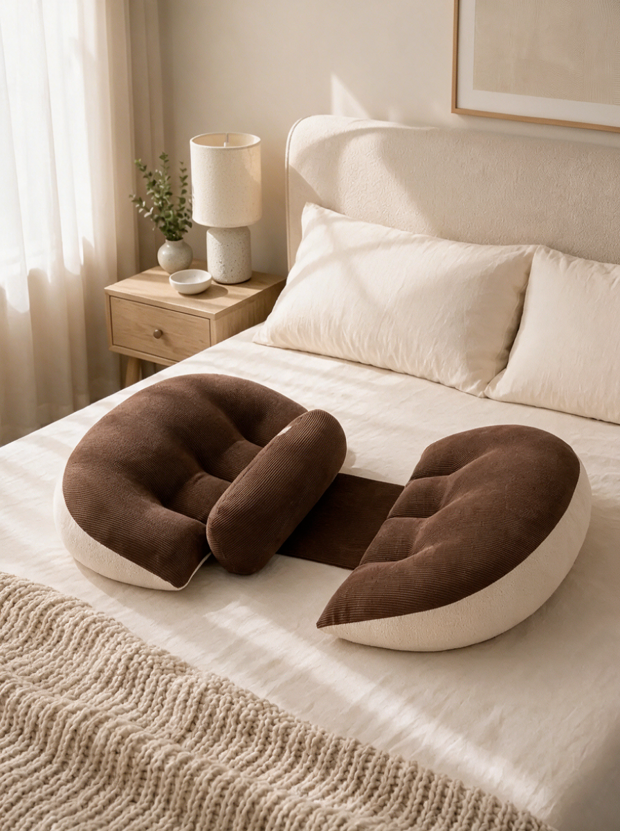 Woman enjoying plush NiyiH body pillow in cozy bedroom