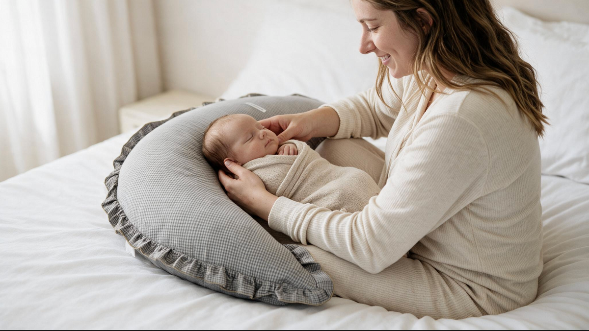 Woman enjoying plush NiyiH body pillow in cozy bedroom